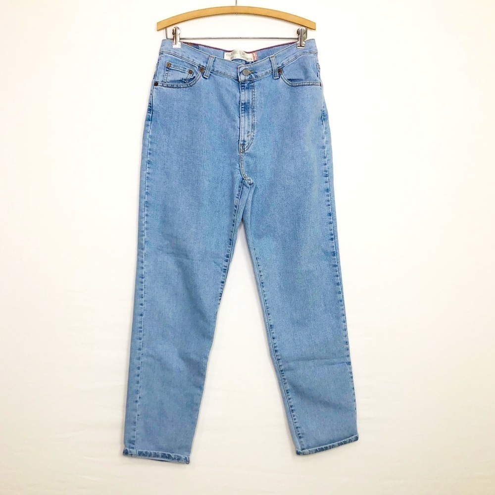 Levi’s 512 classic slim tapered, high rise, light wash jeans.